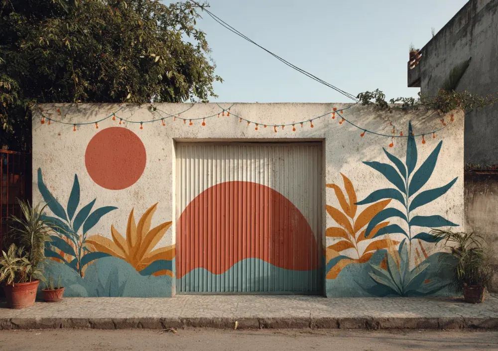 Exemple de fresque murale extérieure tropicale à La Réunion - soleil et feuillage