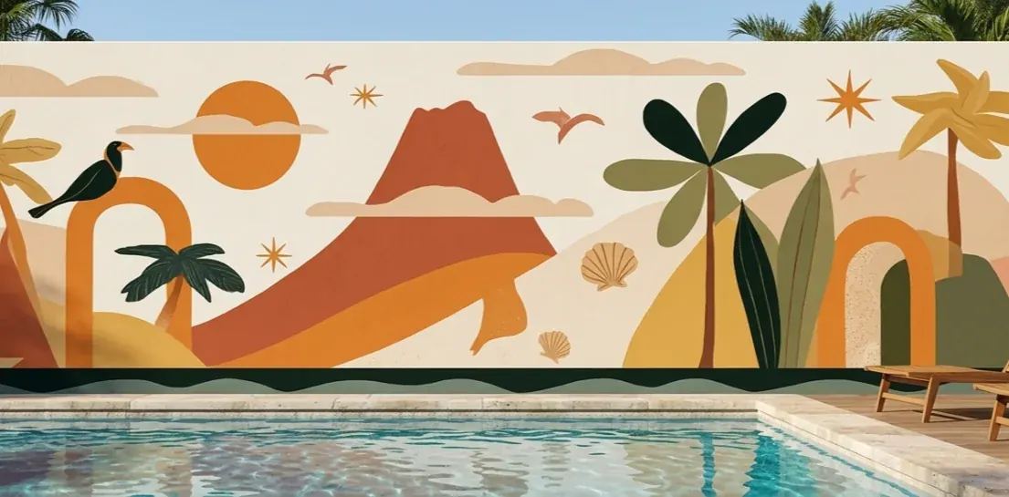 Exemple de fresque murale tropicale à La Réunion - volcan, piscine et palmiers