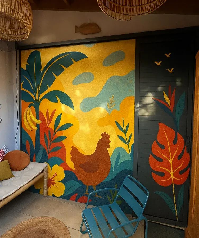 Inspiration fresque murale tropicale à La Réunion - poule, bananier et hibiscus