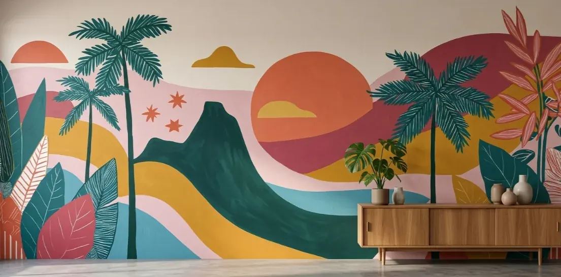 Projet de fresque murale intérieure tropicale à La Réunion - paysage avec palmiers