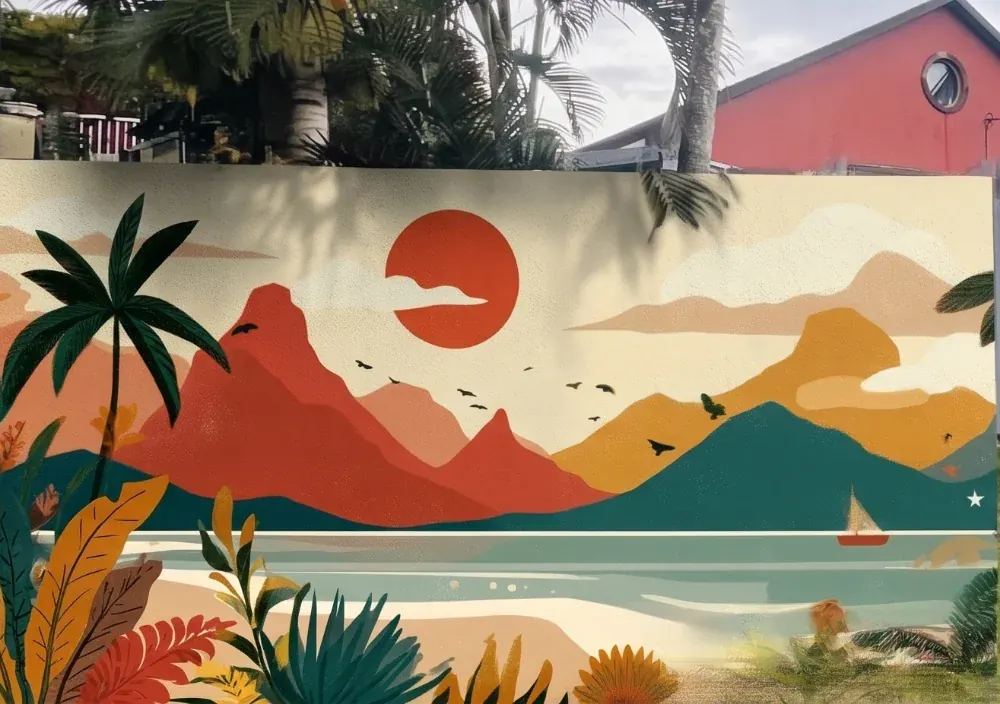 Projet de fresque murale tropicale à La Réunion - paysage au coucher de soleil
