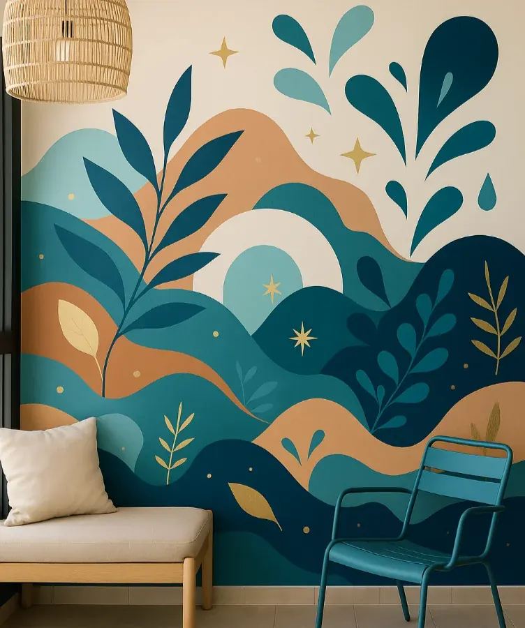 Style fresque murale bohème à La Réunion - vagues tropicales abstraites