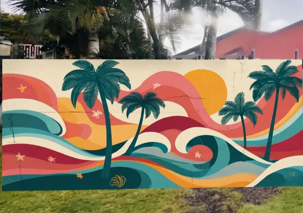 Style fresque murale tropicale à La Réunion - vagues, palmiers et couleurs vives